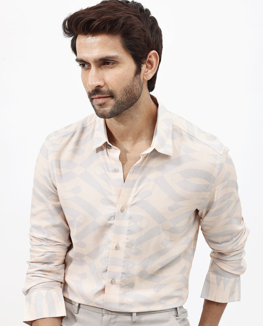 Rare Rabbit Men's Inot Pastel Peach Viscose Abstract Print Regular Fit Full Sleeve Collared Shirt