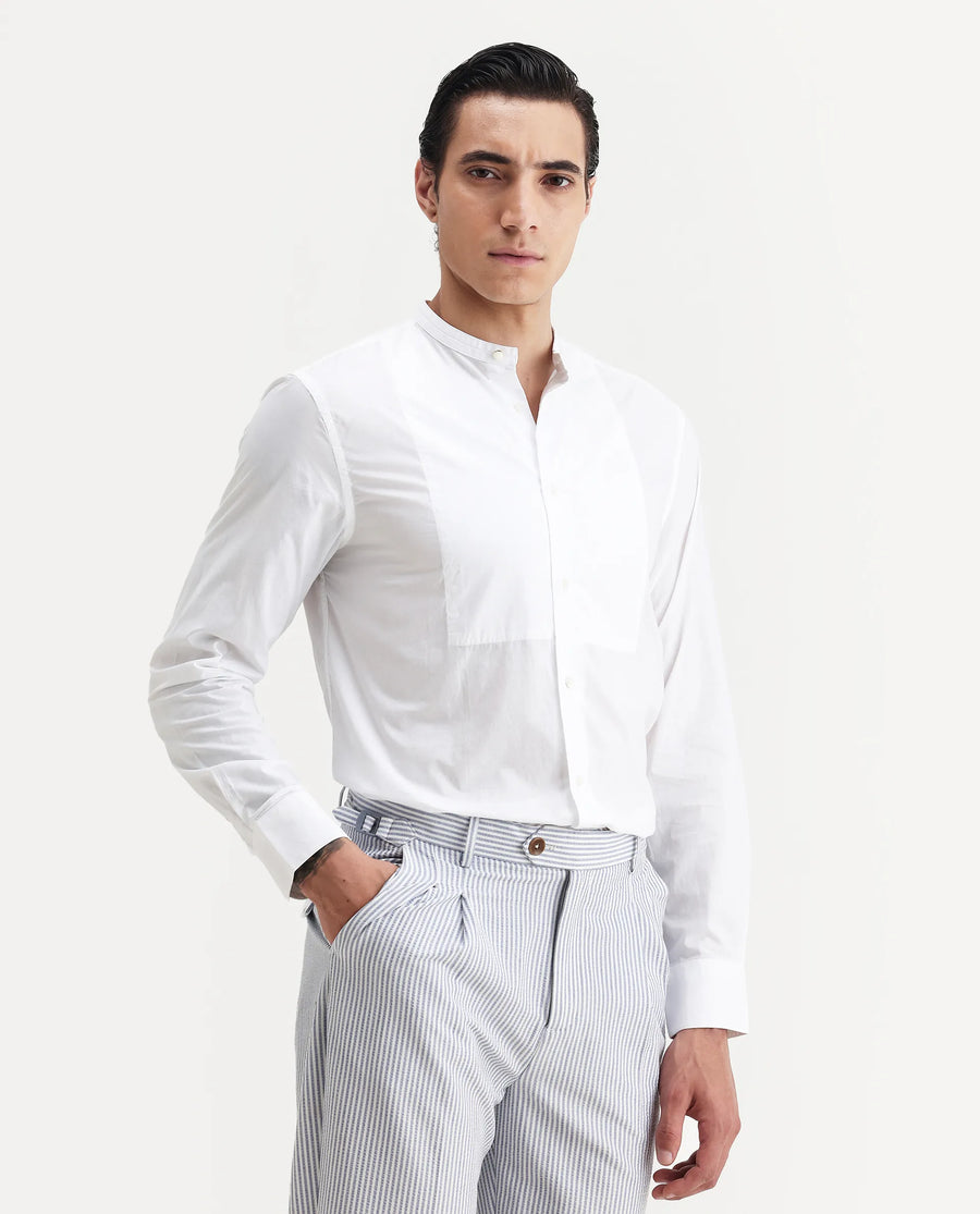 Rare Rabbit Men's Into White Cotton Plain Regular Fit Full Sleeve Mandarin Collar Shirt