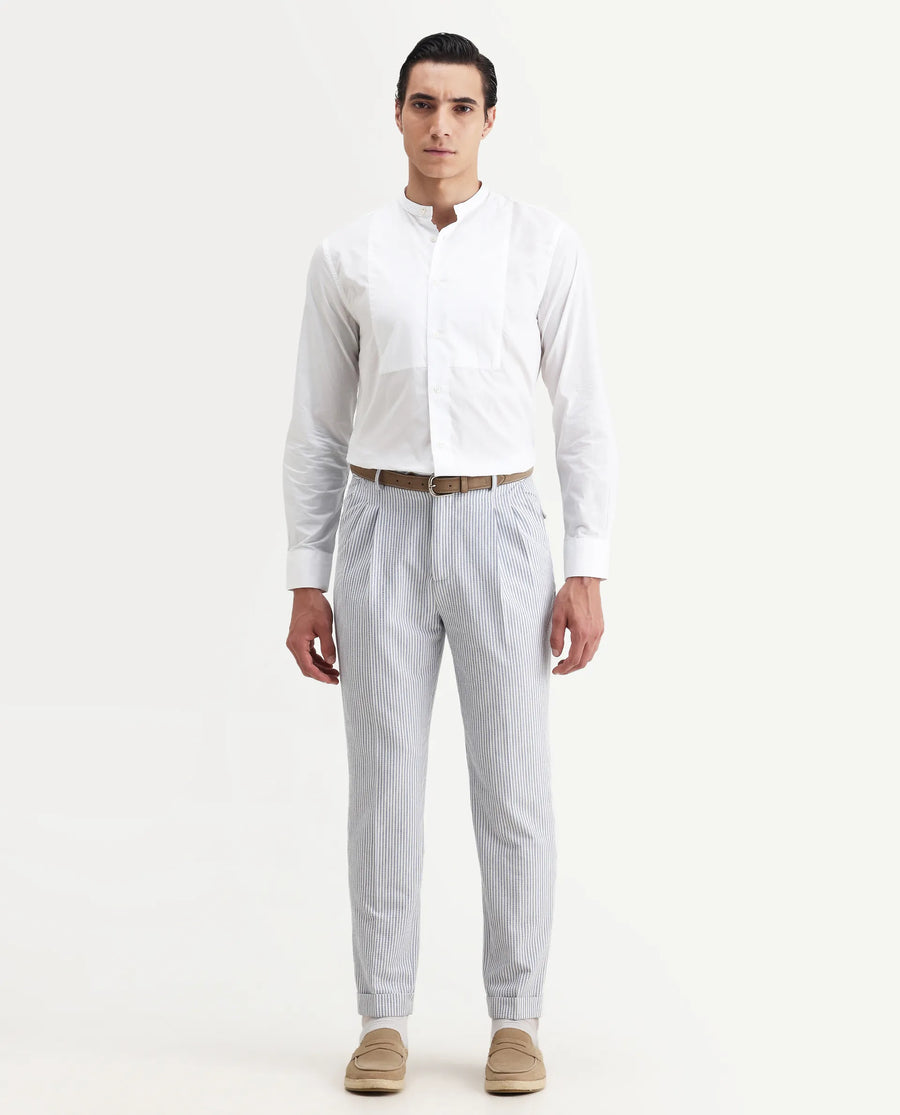 Rare Rabbit Men's Into White Cotton Plain Regular Fit Full Sleeve Mandarin Collar Shirt