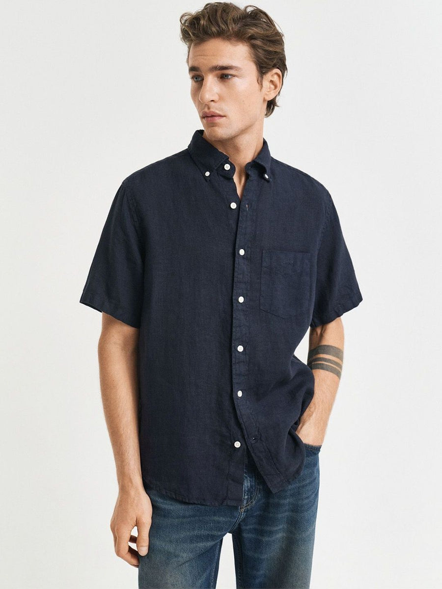 Gant Men Navy Blue Solid Regular Fit Pure Linen Shirt