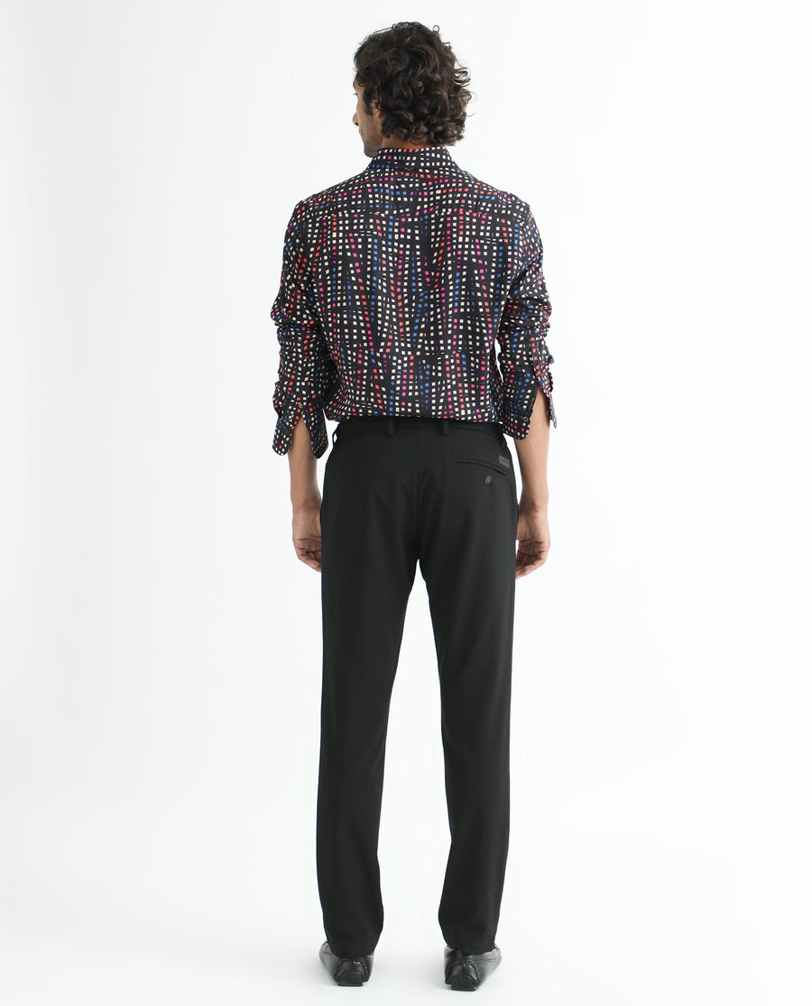 Rare Rabbit Men's Irvine Black Viscose Geometric Print Regular Fit Full Sleeve Collared Shirt