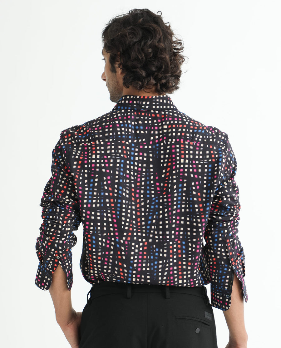 Rare Rabbit Men's Irvine Black Viscose Geometric Print Regular Fit Full Sleeve Collared Shirt