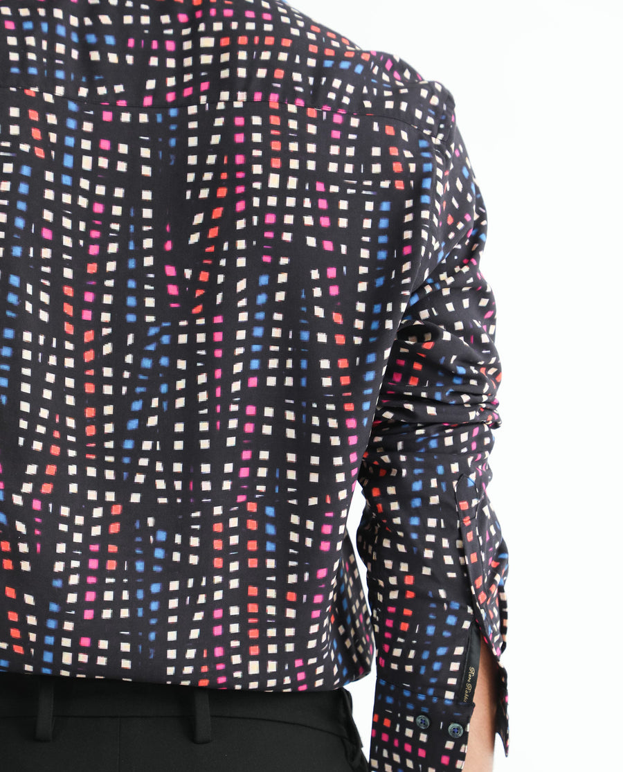 Rare Rabbit Men's Irvine Black Viscose Geometric Print Regular Fit Full Sleeve Collared Shirt