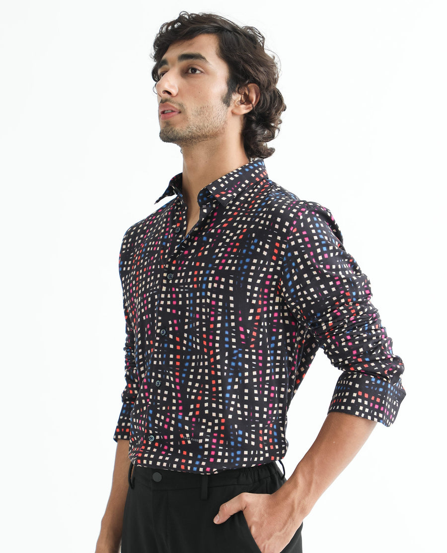 Rare Rabbit Men's Irvine Black Viscose Geometric Print Regular Fit Full Sleeve Collared Shirt