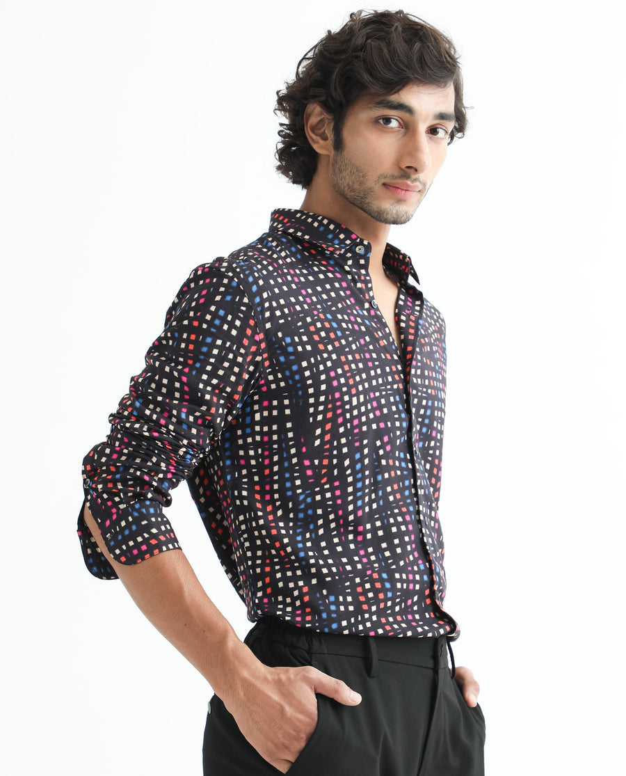 Rare Rabbit Men's Irvine Black Viscose Geometric Print Regular Fit Full Sleeve Collared Shirt