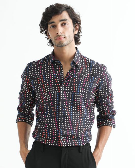 Rare Rabbit Men's Irvine Black Viscose Geometric Print Regular Fit Full Sleeve Collared Shirt