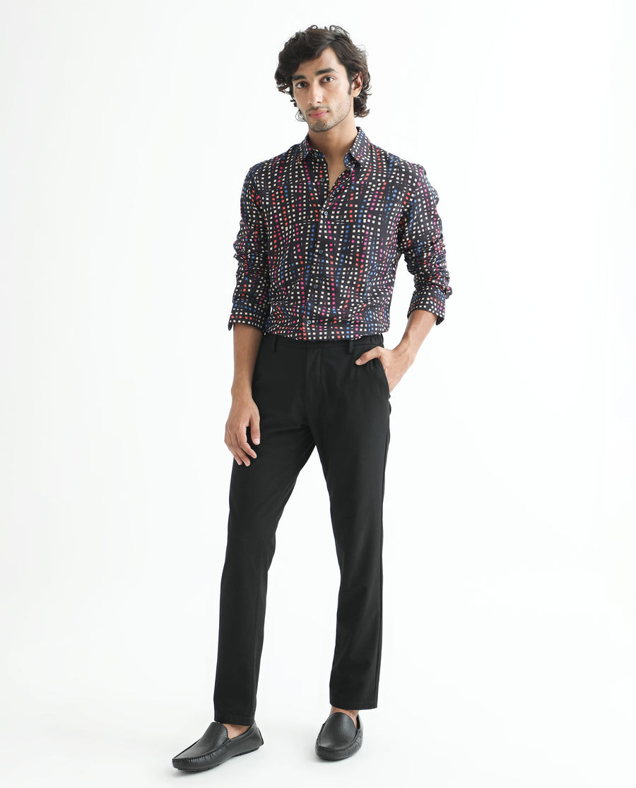 Rare Rabbit Men's Irvine Black Viscose Geometric Print Regular Fit Full Sleeve Collared Shirt