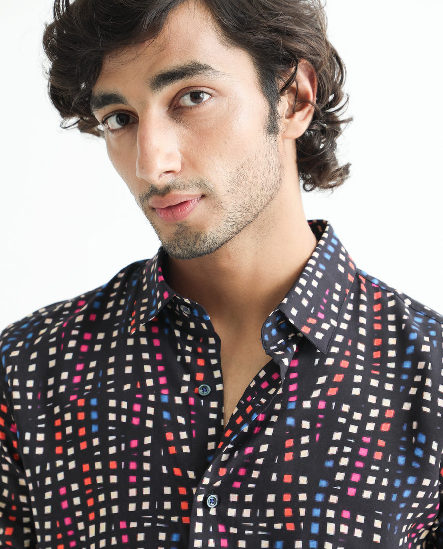 Rare Rabbit Men's Irvine Black Viscose Geometric Print Regular Fit Full Sleeve Collared Shirt
