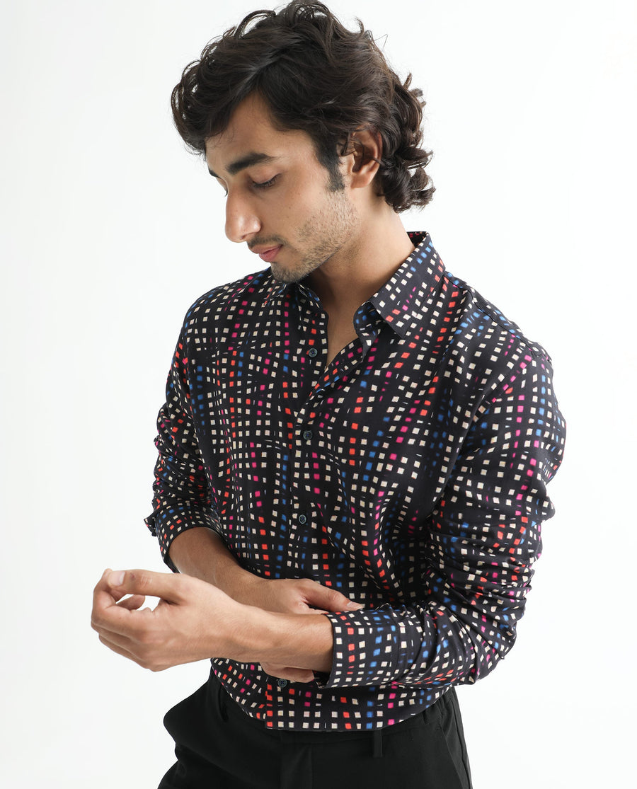 Rare Rabbit Men's Irvine Black Viscose Geometric Print Regular Fit Full Sleeve Collared Shirt