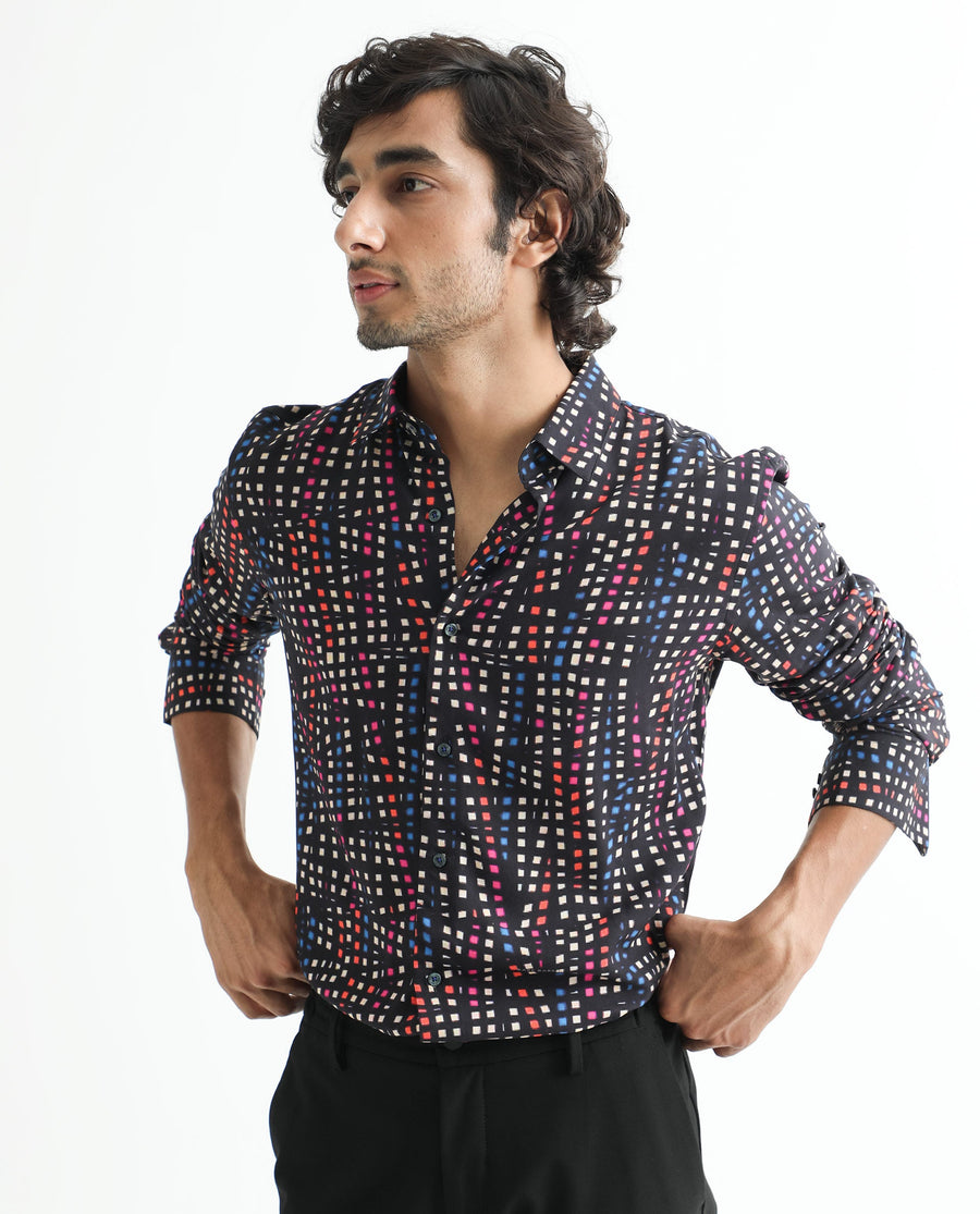 Rare Rabbit Men's Irvine Black Viscose Geometric Print Regular Fit Full Sleeve Collared Shirt