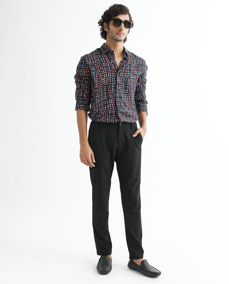 Rare Rabbit Men's Irvine Black Viscose Geometric Print Regular Fit Full Sleeve Collared Shirt