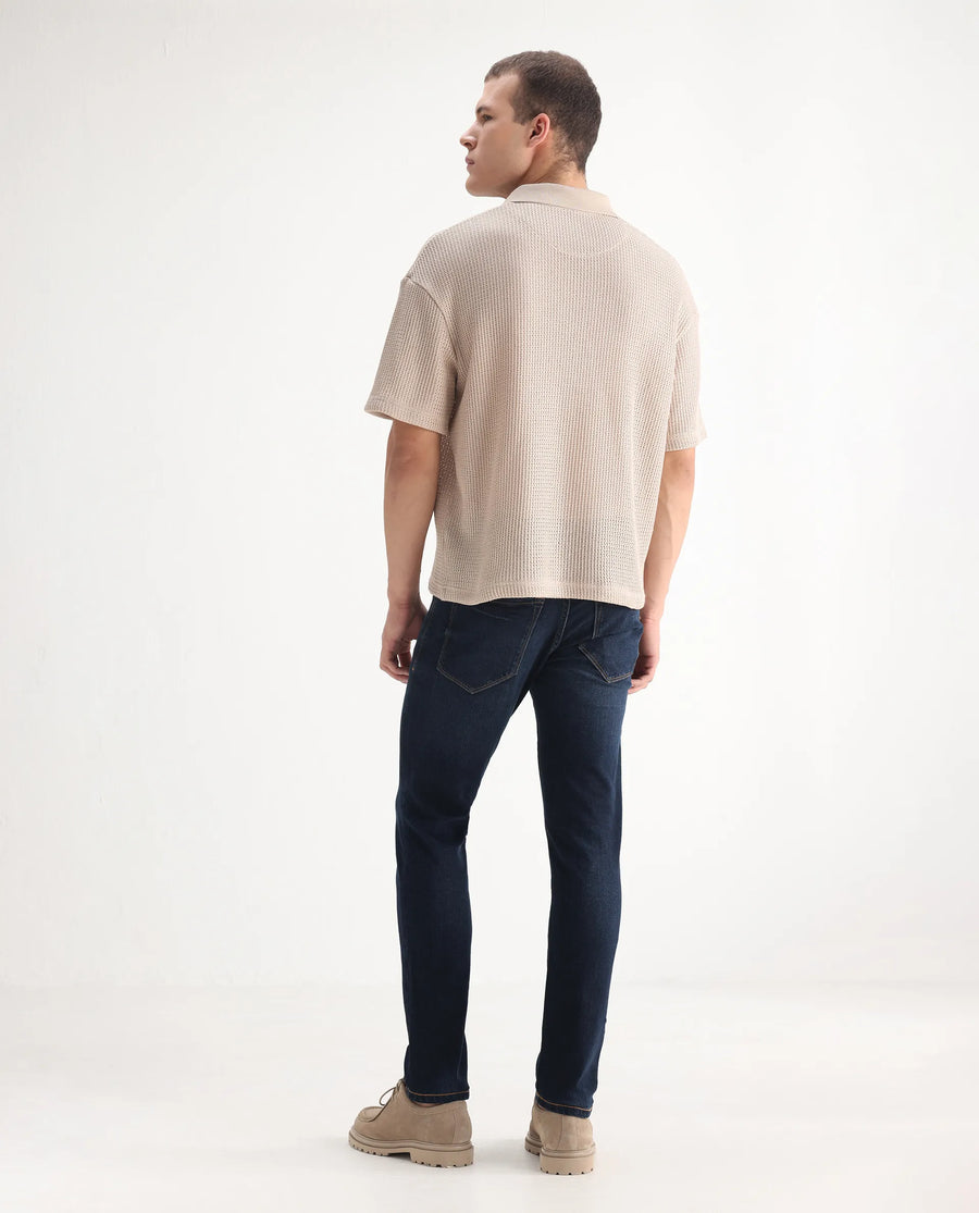 Rare Rabbit Men's Issak Dark Blue Cotton Plain Hawk Slim Fit Jeans