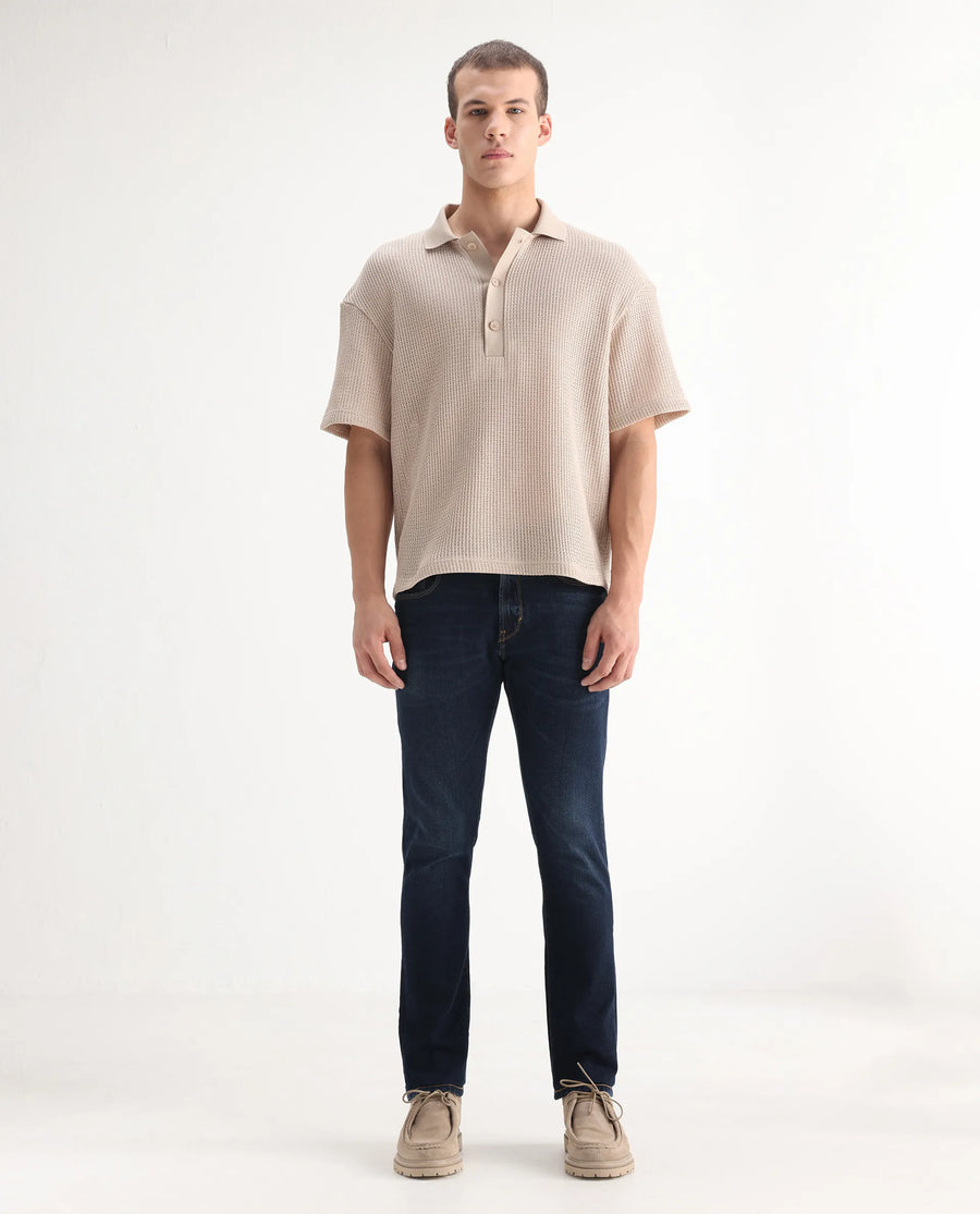 Rare Rabbit Men's Issak Dark Blue Cotton Plain Hawk Slim Fit Jeans