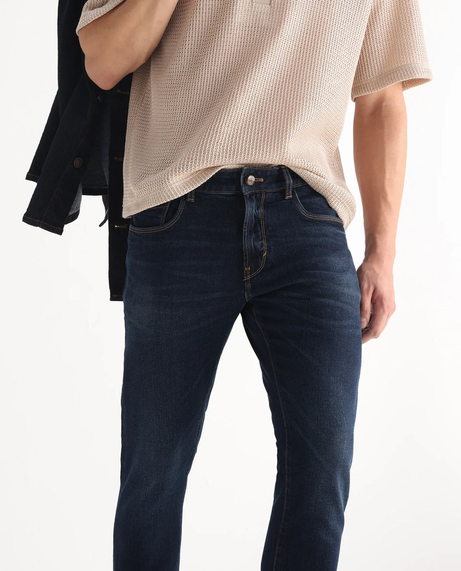 Rare Rabbit Men's Issak Dark Blue Cotton Plain Hawk Slim Fit Jeans
