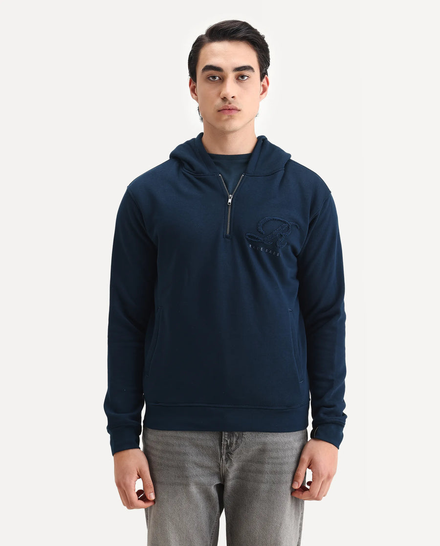 Rare Rabbit Men's Island Teal Cotton Embroidered Regular Fit Full Sleeve Hooded Sweatshirt