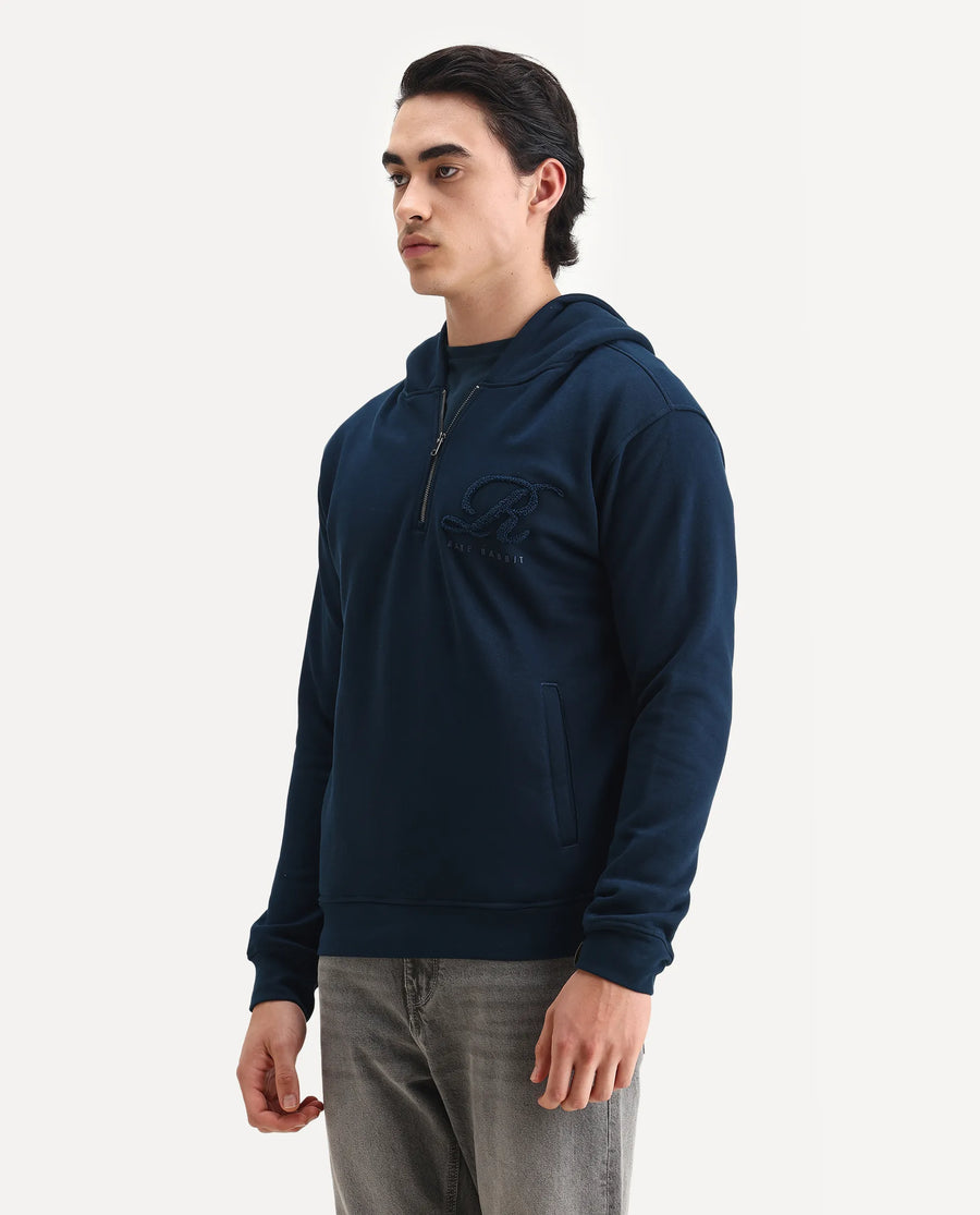Rare Rabbit Men's Island Teal Cotton Embroidered Regular Fit Full Sleeve Hooded Sweatshirt