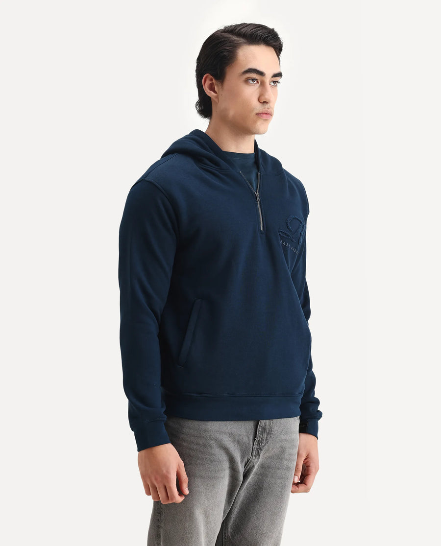 Rare Rabbit Men's Island Teal Cotton Embroidered Regular Fit Full Sleeve Hooded Sweatshirt