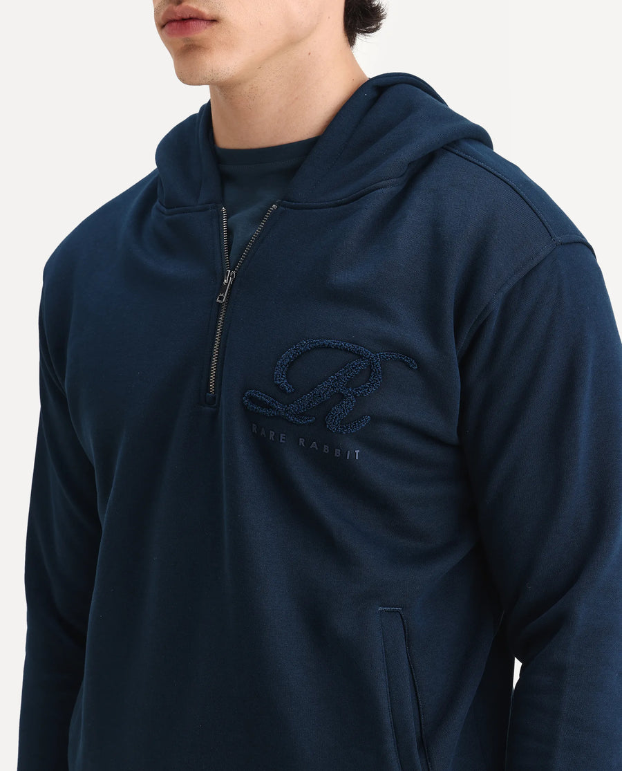 Rare Rabbit Men's Island Teal Cotton Embroidered Regular Fit Full Sleeve Hooded Sweatshirt
