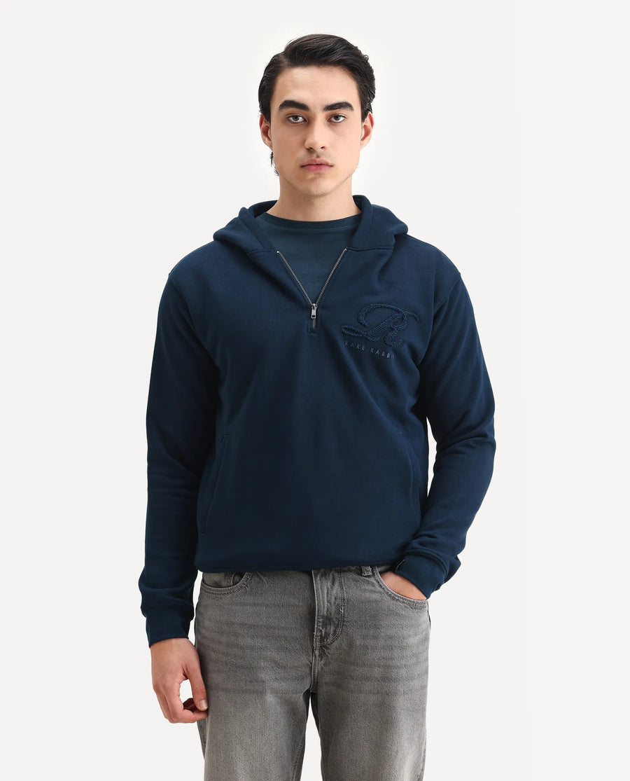 Rare Rabbit Men's Island Teal Cotton Embroidered Regular Fit Full Sleeve Hooded Sweatshirt