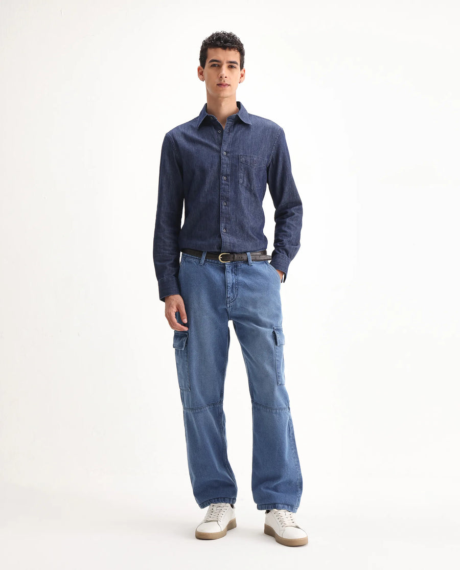 Rare Rabbit Men's Ivo Blue Cotton Plain Baggy Fit Jeans