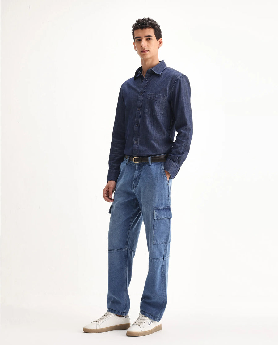 Rare Rabbit Men's Ivo Blue Cotton Plain Baggy Fit Jeans