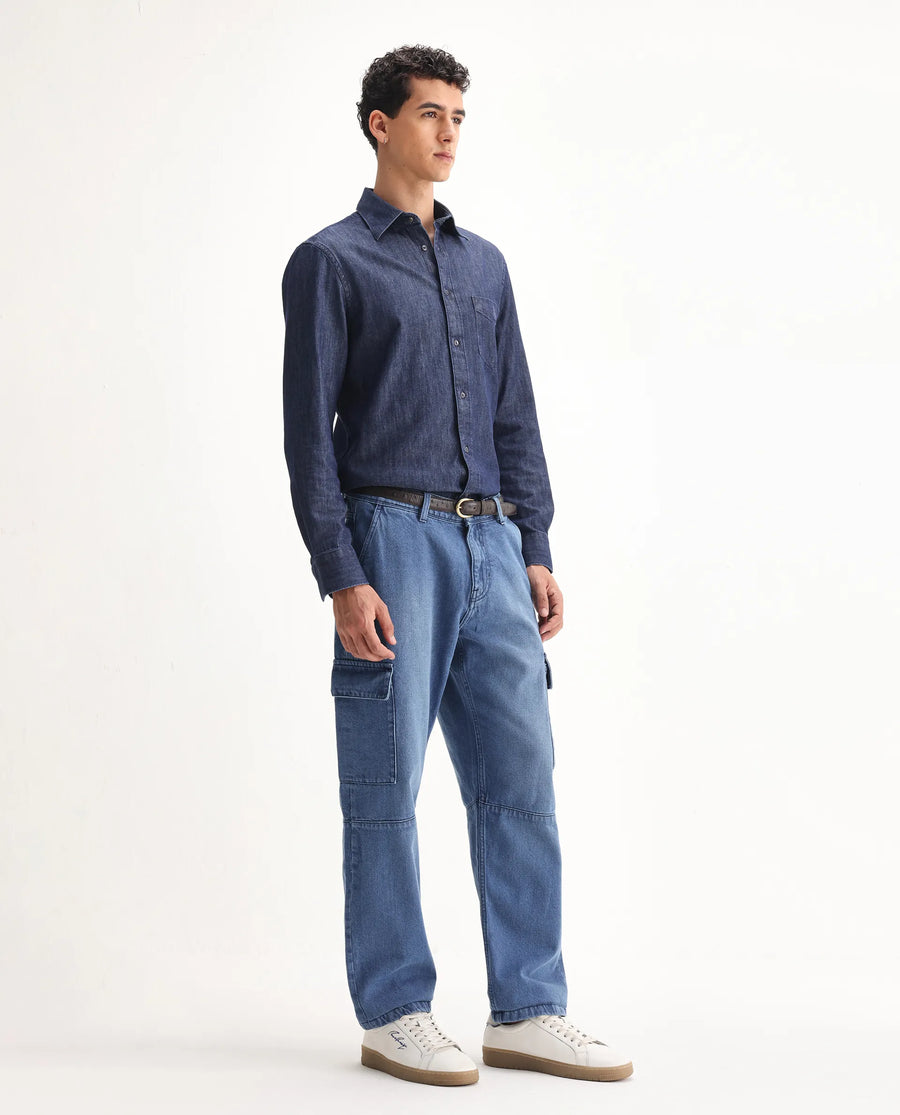 Rare Rabbit Men's Ivo Blue Cotton Plain Baggy Fit Jeans