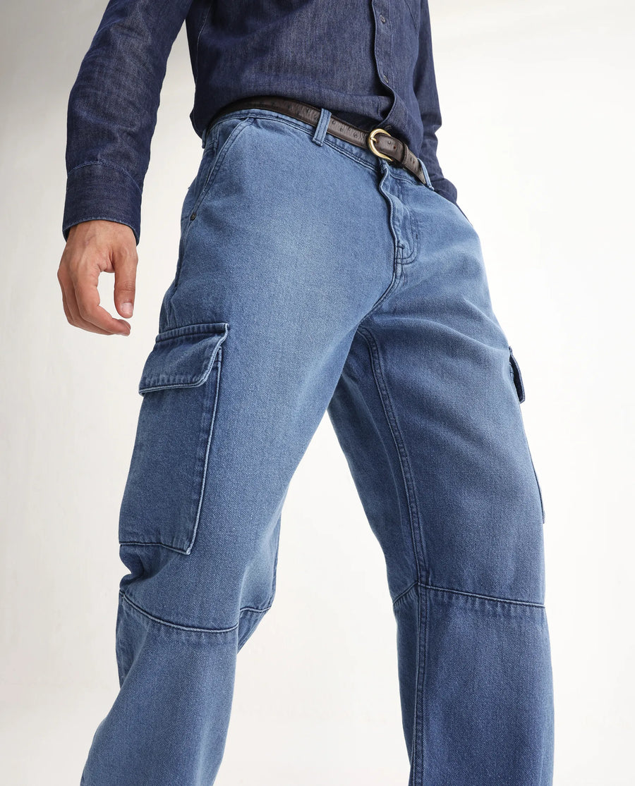 Rare Rabbit Men's Ivo Blue Cotton Plain Baggy Fit Jeans