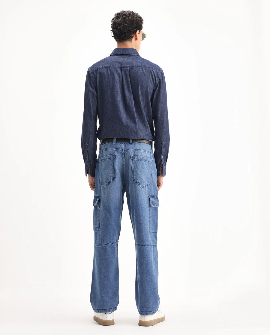 Rare Rabbit Men's Ivo Blue Cotton Plain Baggy Fit Jeans
