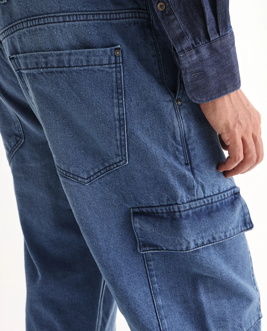 Rare Rabbit Men's Ivo Blue Cotton Plain Baggy Fit Jeans