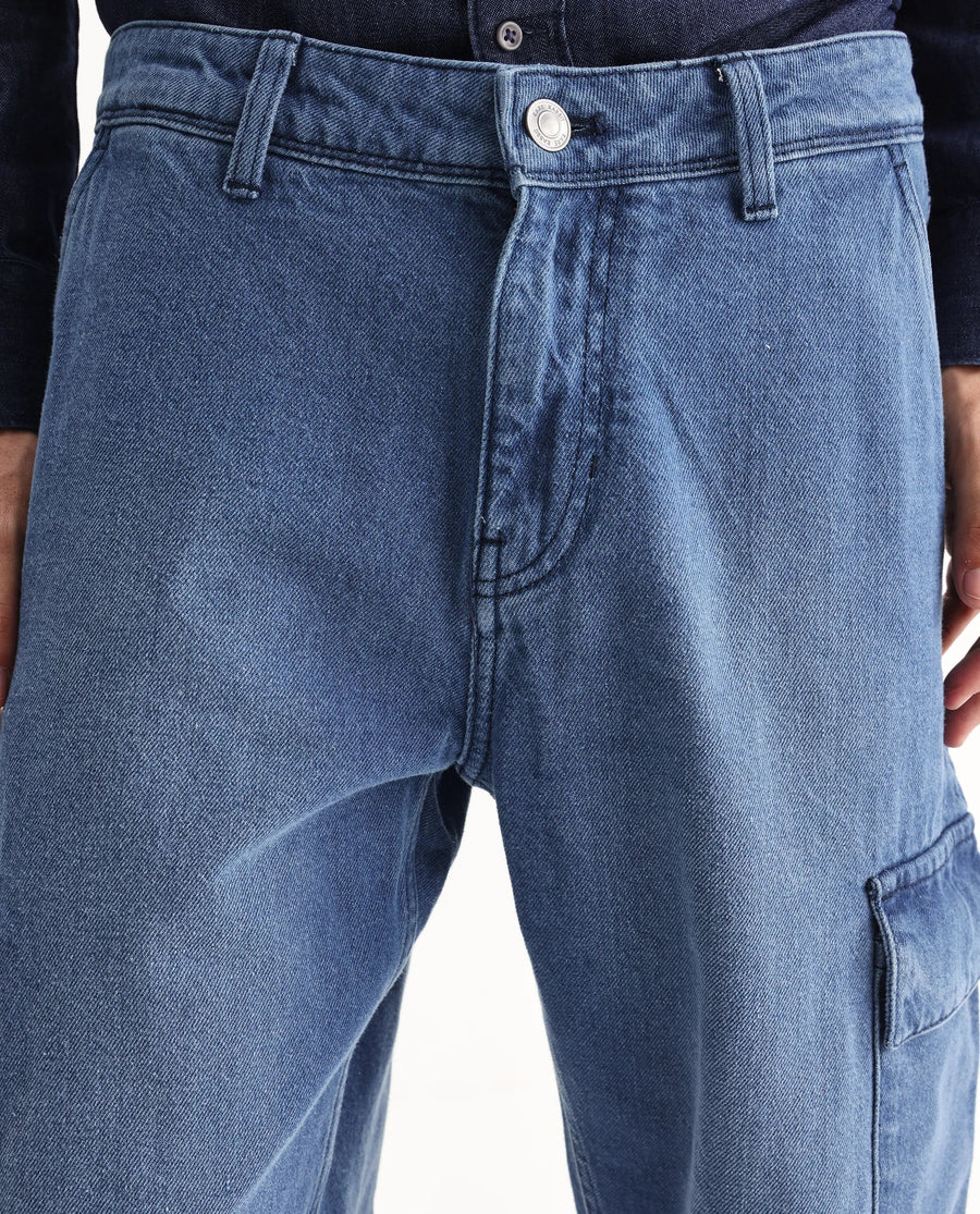 Rare Rabbit Men's Ivo Blue Cotton Plain Baggy Fit Jeans