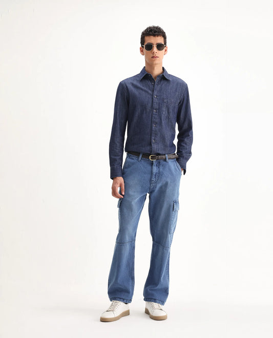 Rare Rabbit Men's Ivo Blue Cotton Plain Baggy Fit Jeans