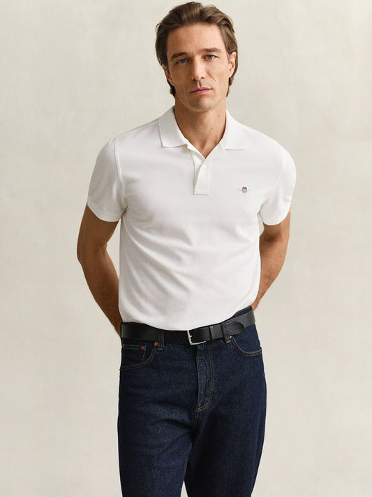 Gant Men White Solid Regular Fit Shield Pique Polo T-Shirt