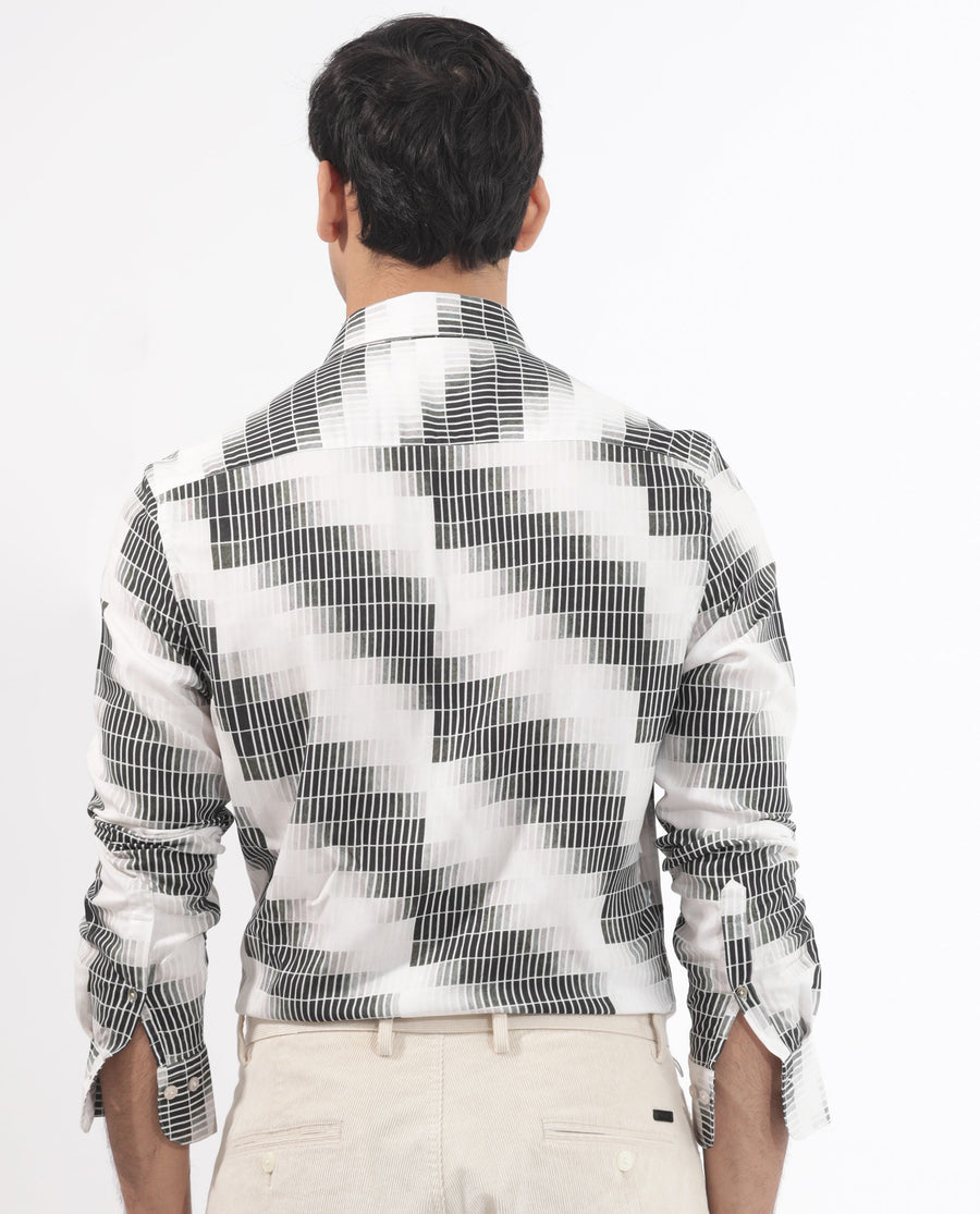 Rare Rabbit Men's Jace Black Viscose Geometric Print Regular Fit Full Sleeve Collared Shirt