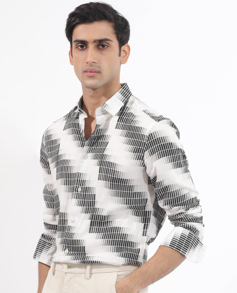 Rare Rabbit Men's Jace Black Viscose Geometric Print Regular Fit Full Sleeve Collared Shirt