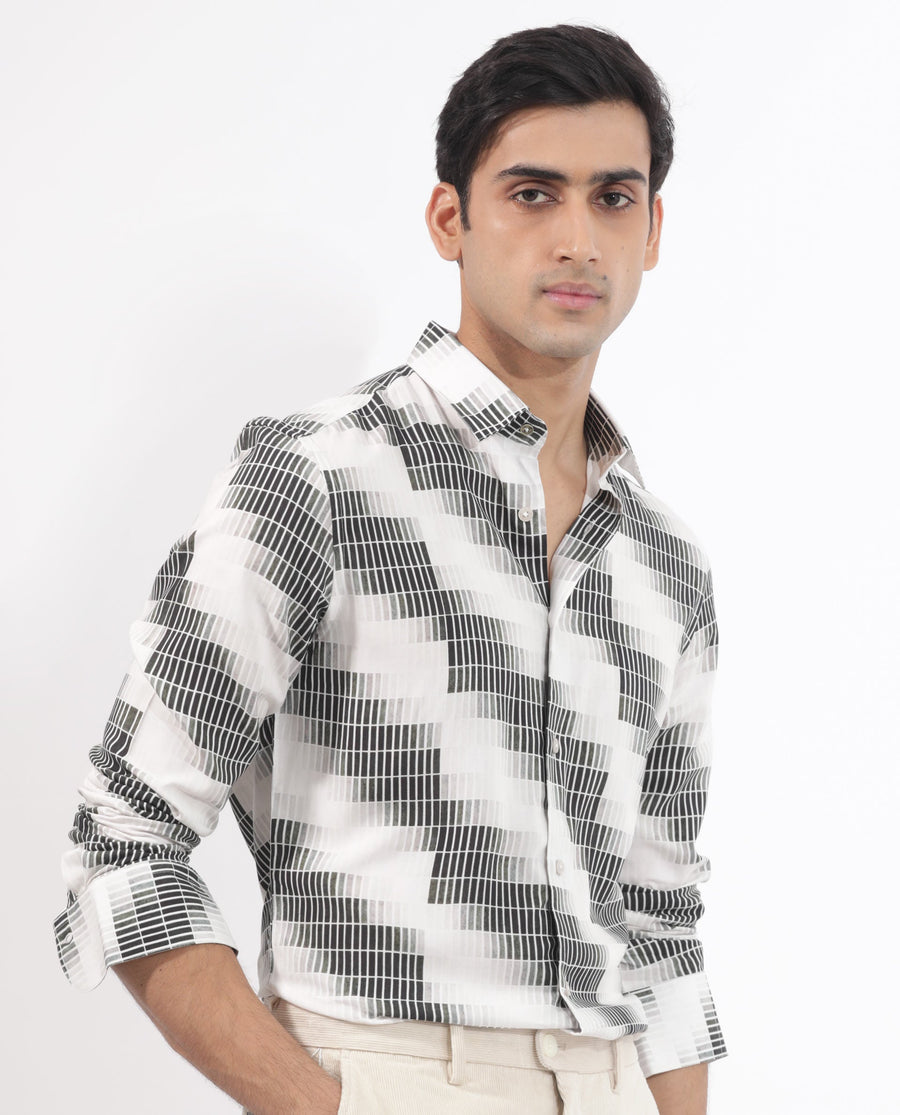 Rare Rabbit Men's Jace Black Viscose Geometric Print Regular Fit Full Sleeve Collared Shirt