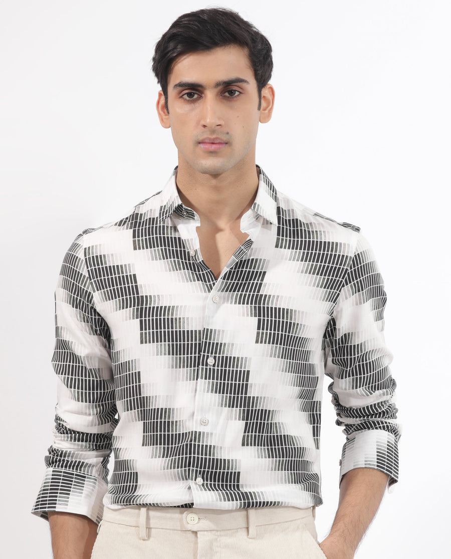 Rare Rabbit Men's Jace Black Viscose Geometric Print Regular Fit Full Sleeve Collared Shirt
