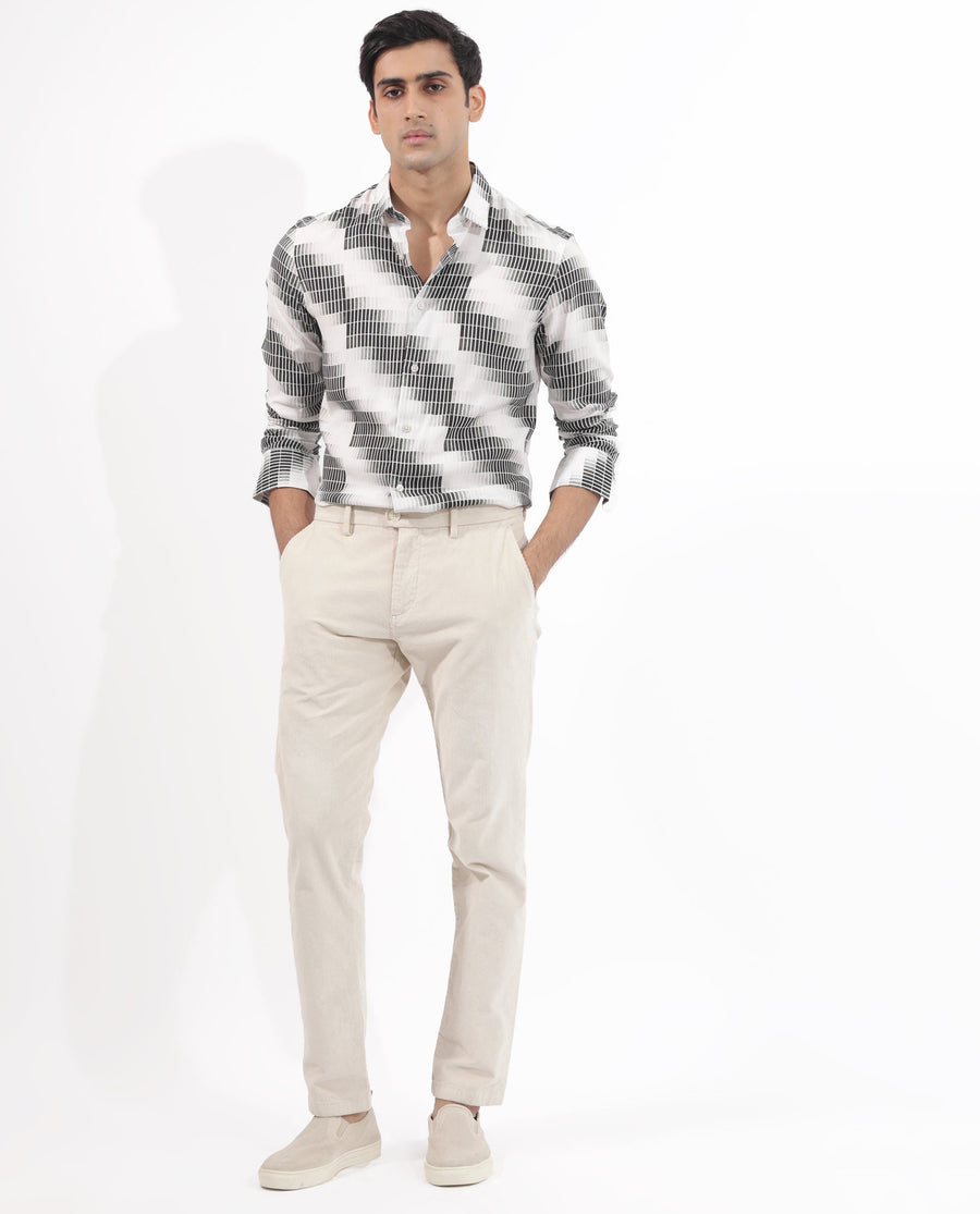 Rare Rabbit Men's Jace Black Viscose Geometric Print Regular Fit Full Sleeve Collared Shirt