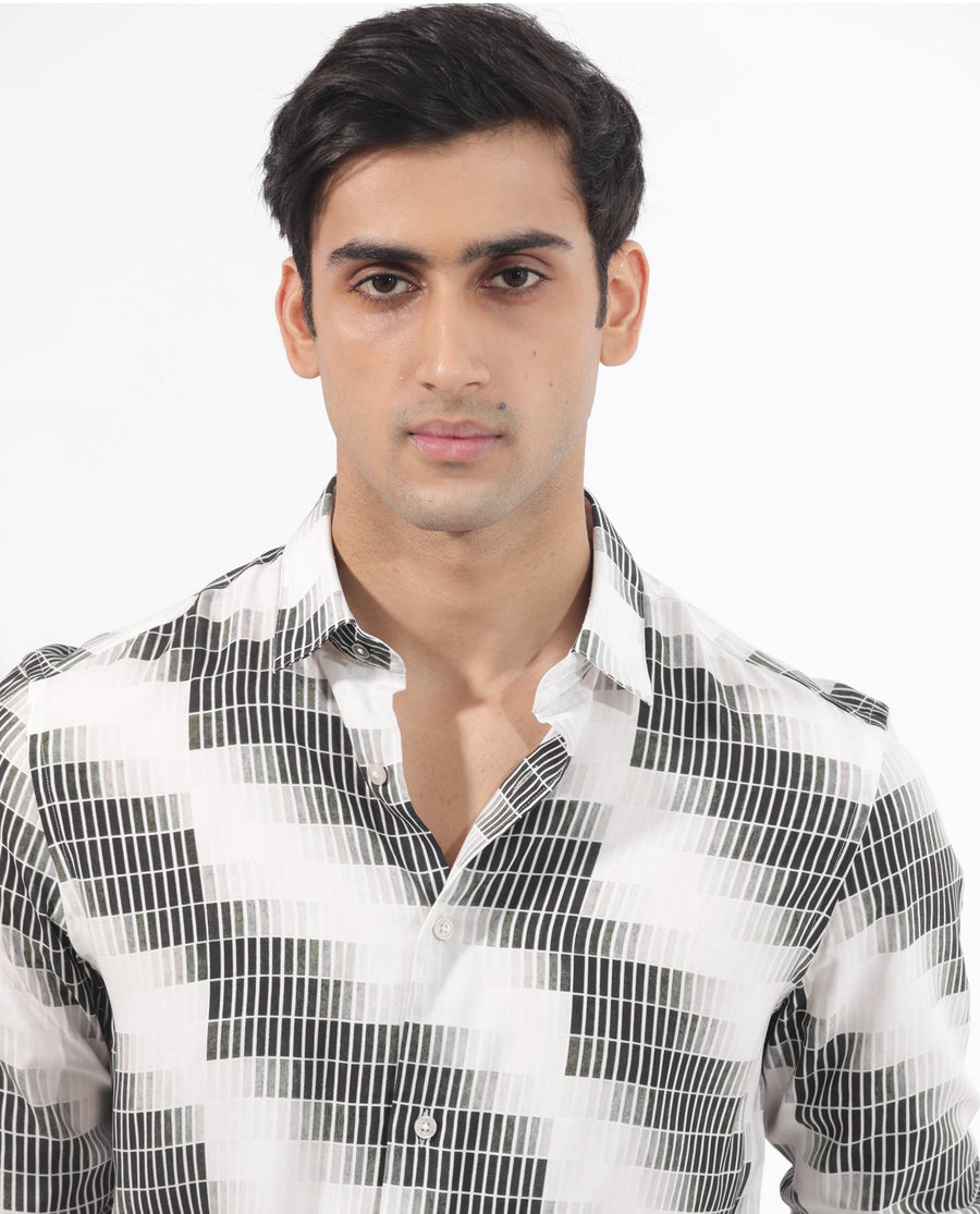 Rare Rabbit Men's Jace Black Viscose Geometric Print Regular Fit Full Sleeve Collared Shirt