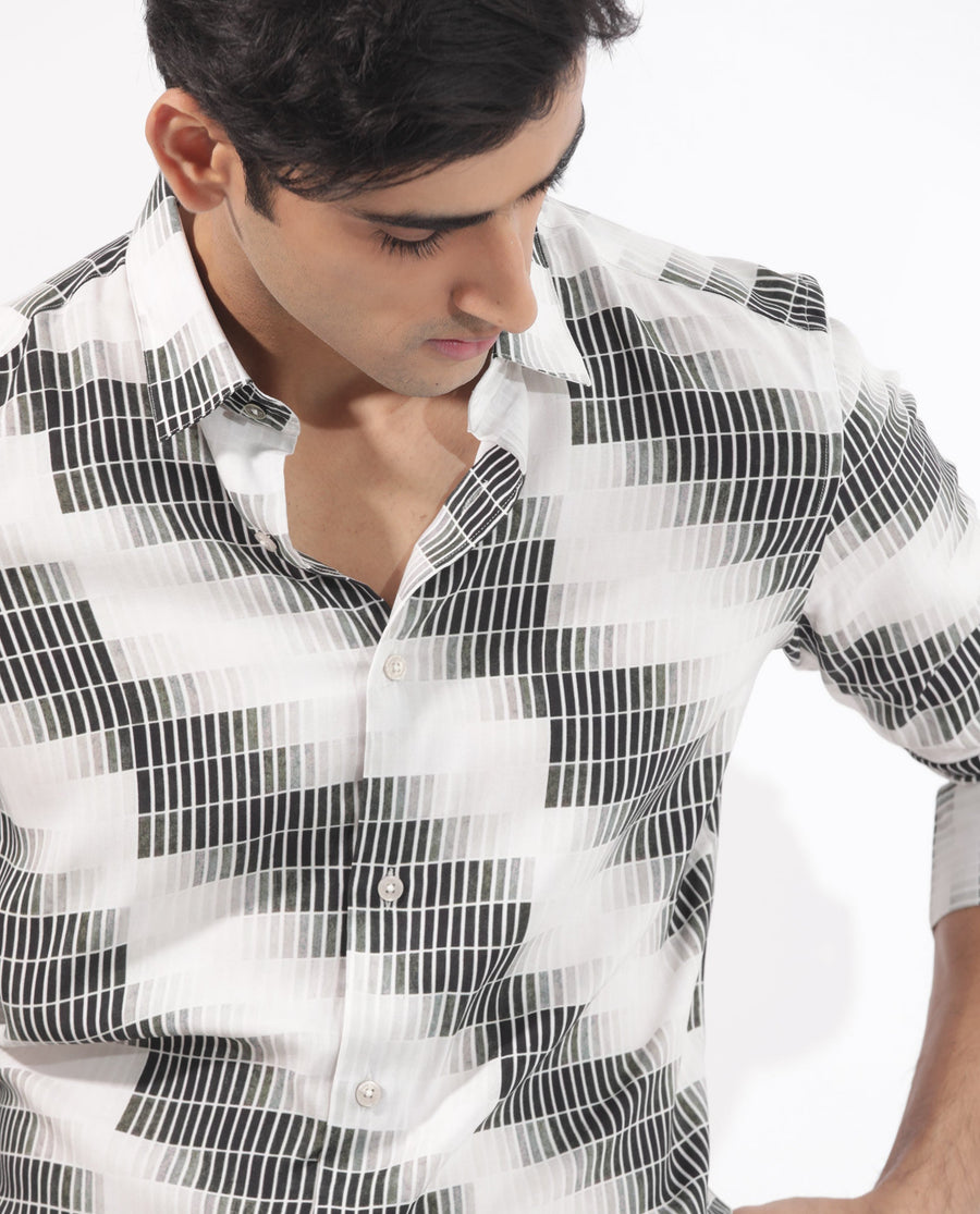Rare Rabbit Men's Jace Black Viscose Geometric Print Regular Fit Full Sleeve Collared Shirt