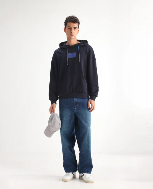Rare Rabbit Men's Jace Blue Cotton Blend Plain Baggy Fit Jeans
