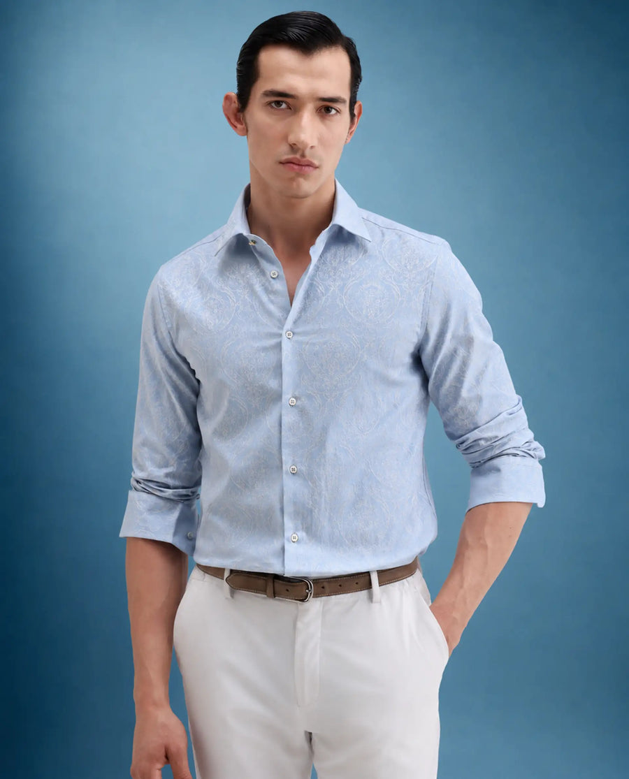 Rare Rabbit Men's Jaco Dusky Blue Cotton Fabric Full Sleeve Spread Collar Button Regular Jacquard Shirt
