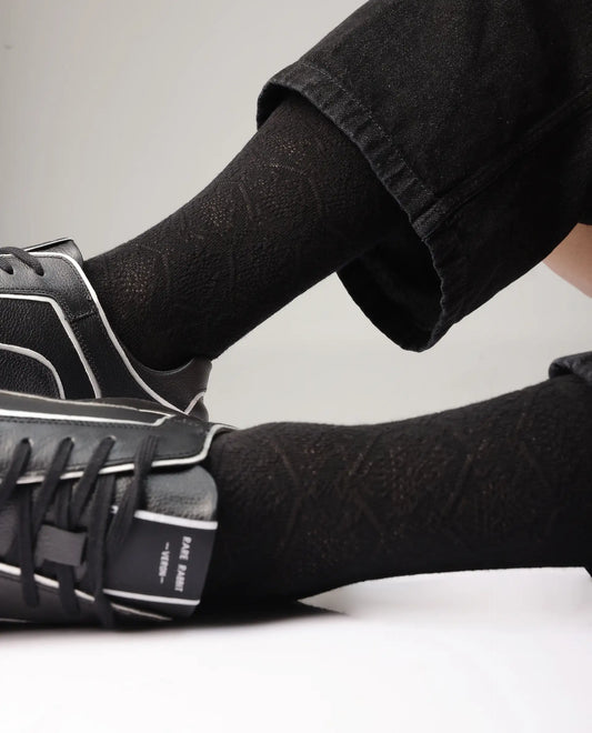 Rare Rabbit Men's Jacq Black Cotton Fabric Mid Calf Socks