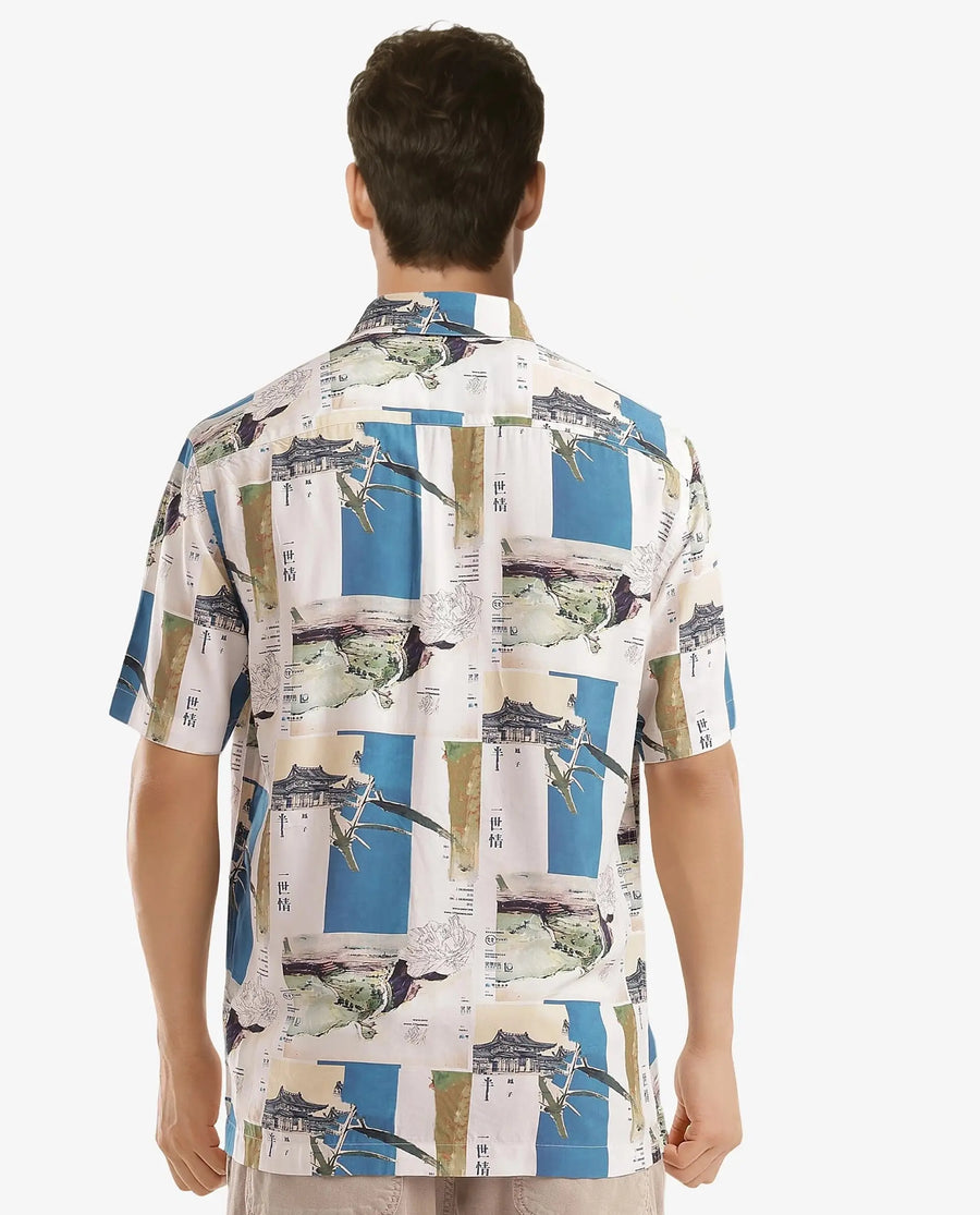 Rare Rabbit Men's Jacso Blue Viscose Decorative Print Regular Fit Half Sleeve Collared Shirt
