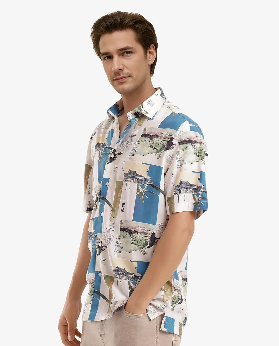 Rare Rabbit Men's Jacso Blue Viscose Decorative Print Regular Fit Half Sleeve Collared Shirt