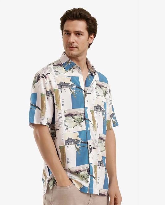 Rare Rabbit Men's Jacso Blue Viscose Decorative Print Regular Fit Half Sleeve Collared Shirt