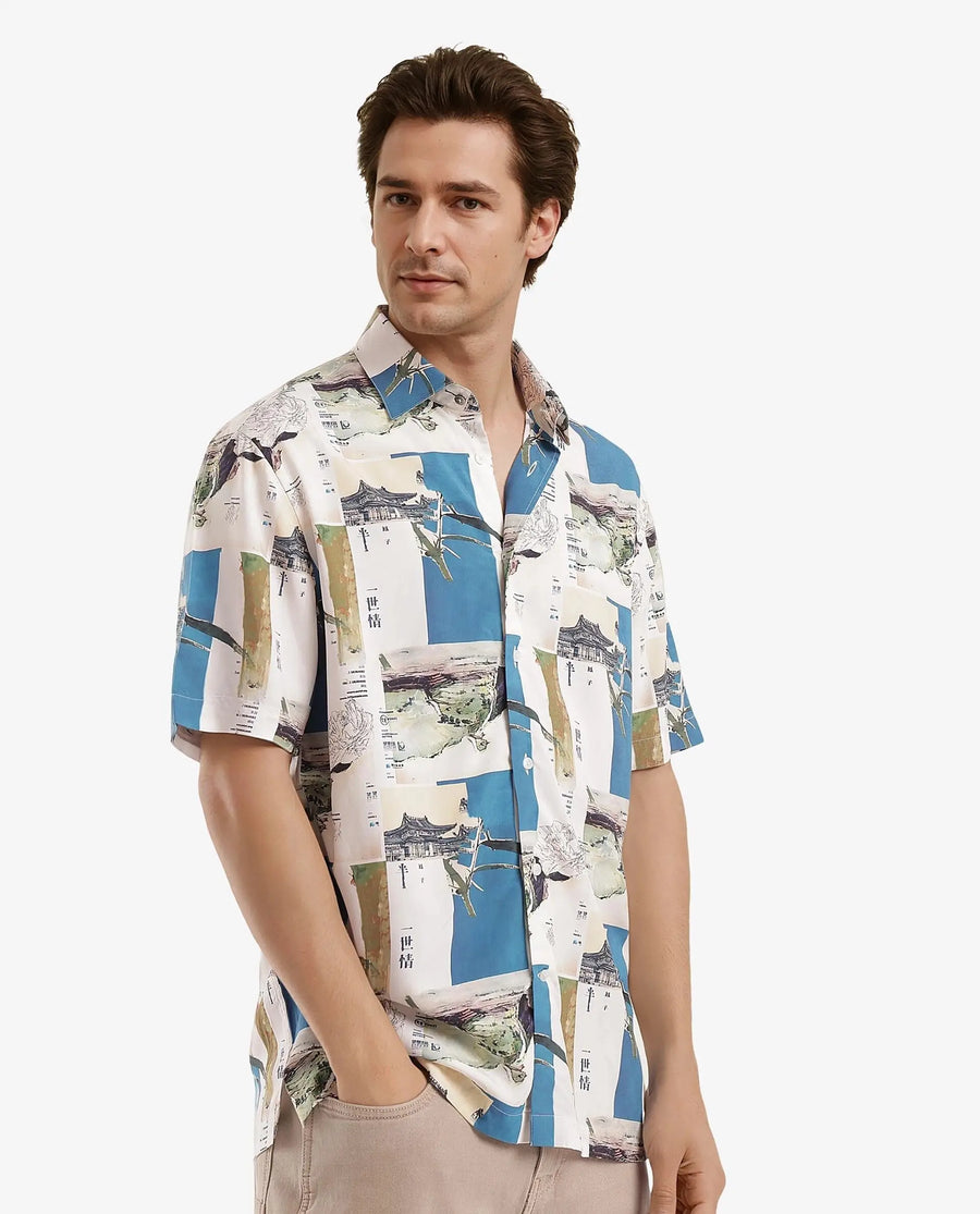 Rare Rabbit Men's Jacso Blue Viscose Decorative Print Regular Fit Half Sleeve Collared Shirt