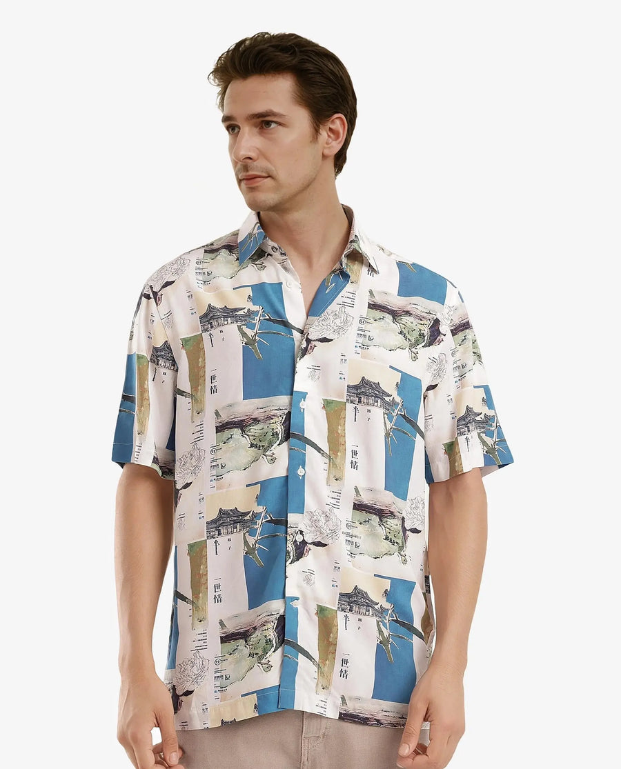 Rare Rabbit Men's Jacso Blue Viscose Decorative Print Regular Fit Half Sleeve Collared Shirt