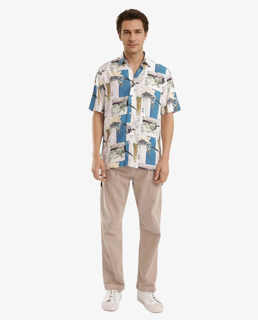Rare Rabbit Men's Jacso Blue Viscose Decorative Print Regular Fit Half Sleeve Collared Shirt