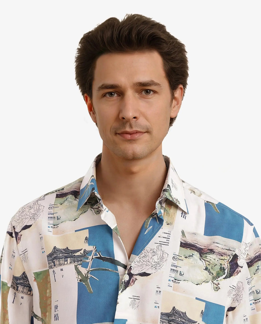 Rare Rabbit Men's Jacso Blue Viscose Decorative Print Regular Fit Half Sleeve Collared Shirt