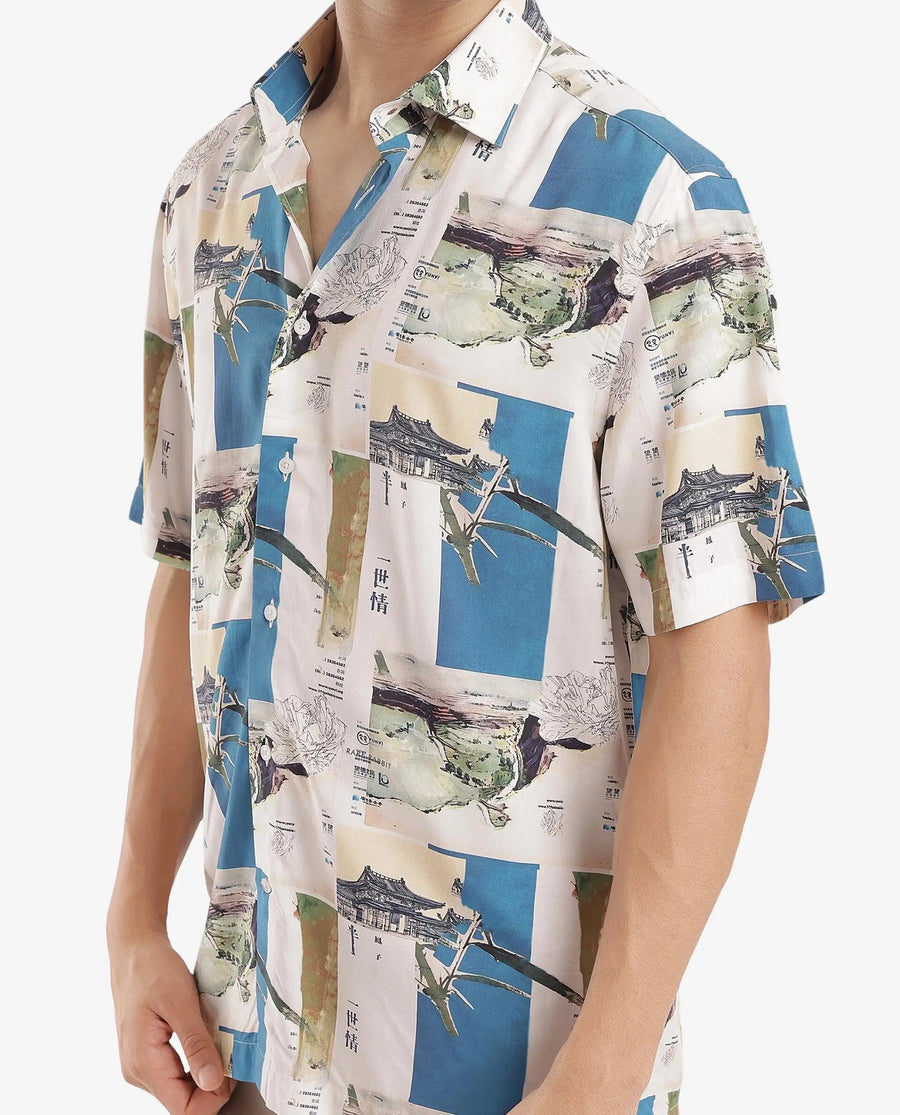 Rare Rabbit Men's Jacso Blue Viscose Decorative Print Regular Fit Half Sleeve Collared Shirt